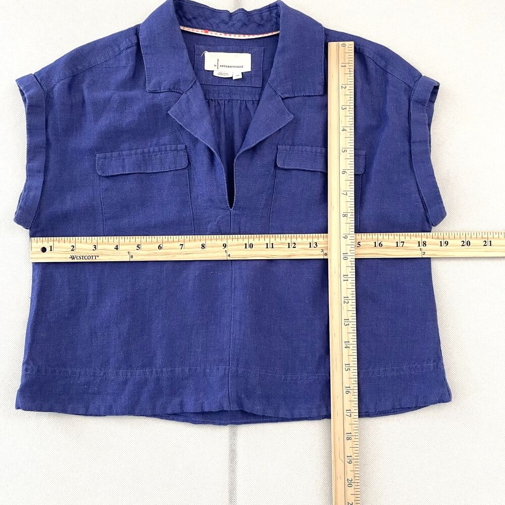 Anthropologie Sleeveless Collared Popover Blouse Blue Linen Blend Size XSP - Picture 6 of 7